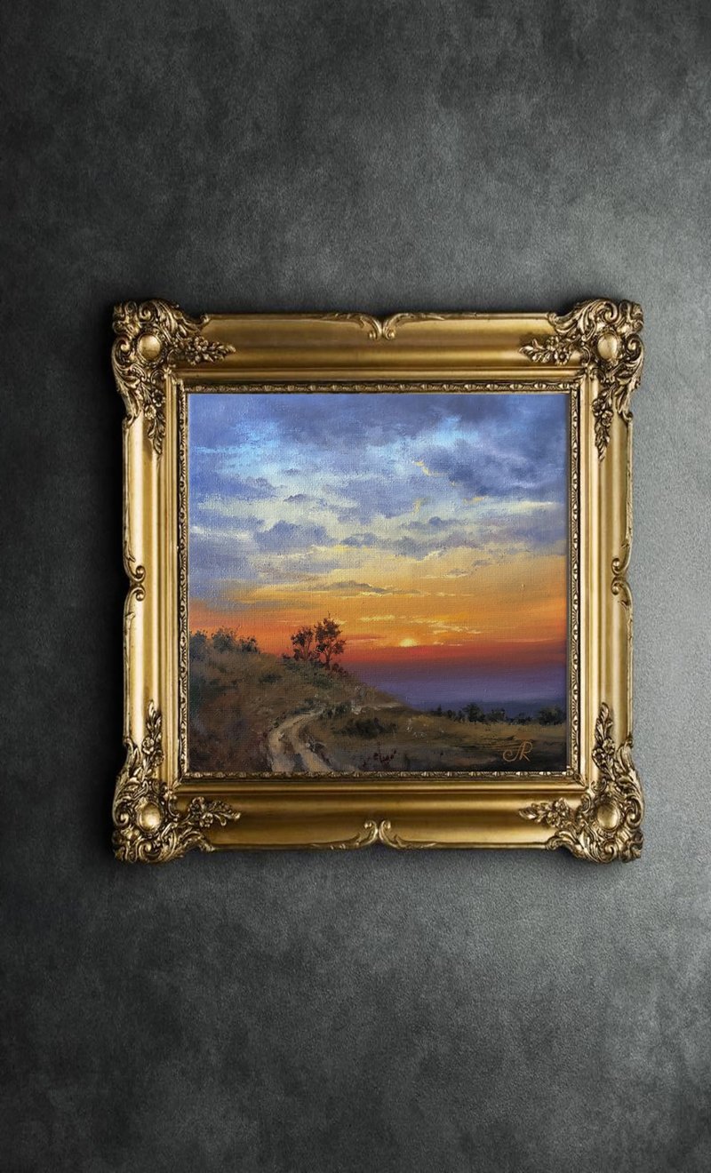 Original Oil Painting Sunset Art Sunrise Painting Landscape - Wall Décor - Other Materials Orange