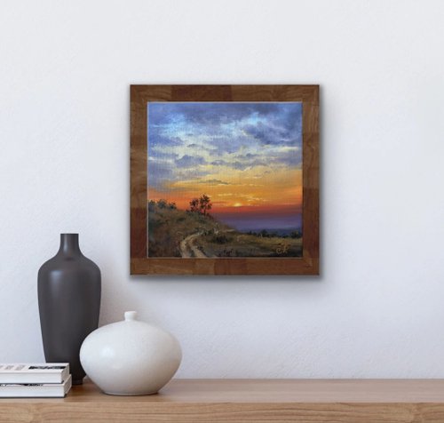 絵画 インテリア　絵　油絵　uF6-111309　風景（朝陽、夕陽） 絵画 インテリア 絵 額付 (黒）油絵 uF6-111309 風景（朝陽