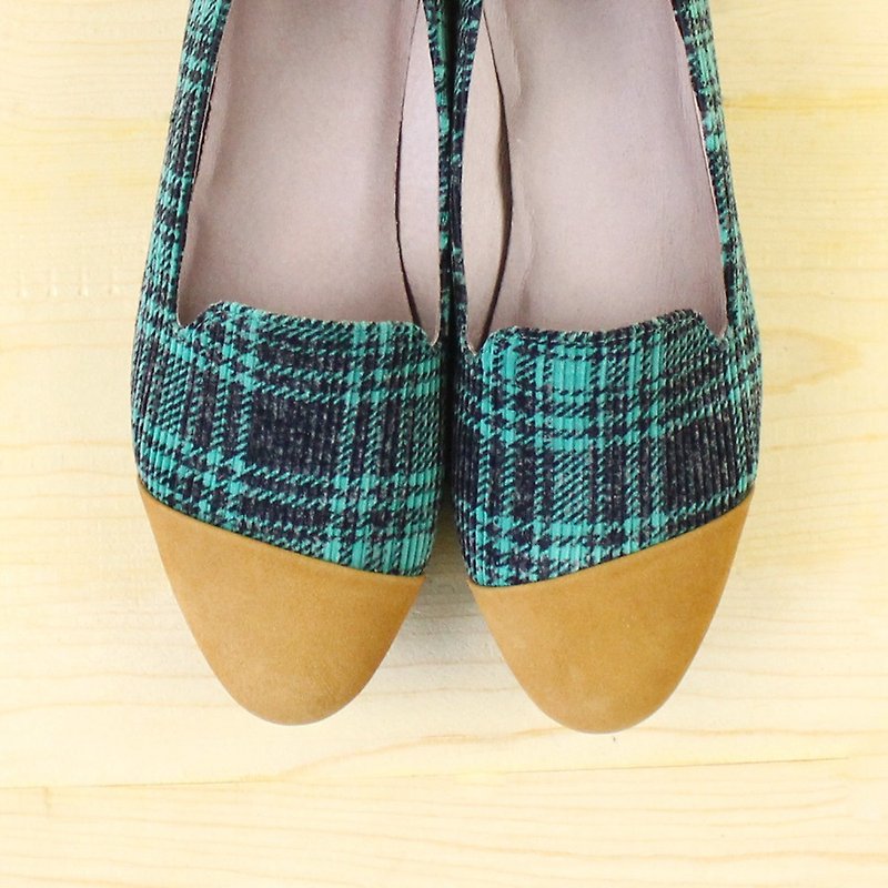 [23.5 spot] Nordic green grid diagonal stitching EBERA / Japanese fabric / M2-15366F - Women's Casual Shoes - Cotton & Hemp Green