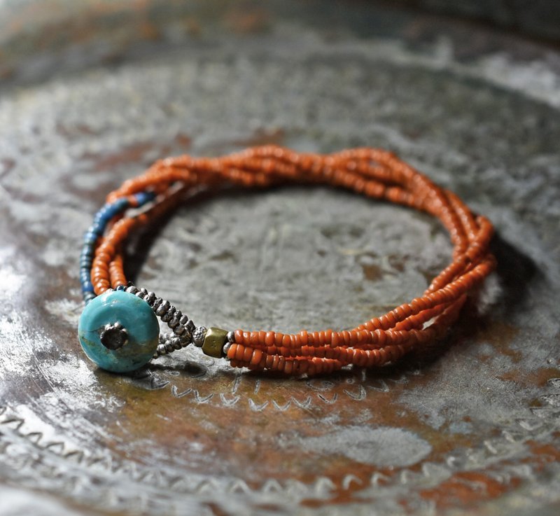 Four-Strand Bracelet with Antique Orange Seed Beads, Light Blue Mix Beads, and Turquoise Clasp - Bracelets - Glass Orange