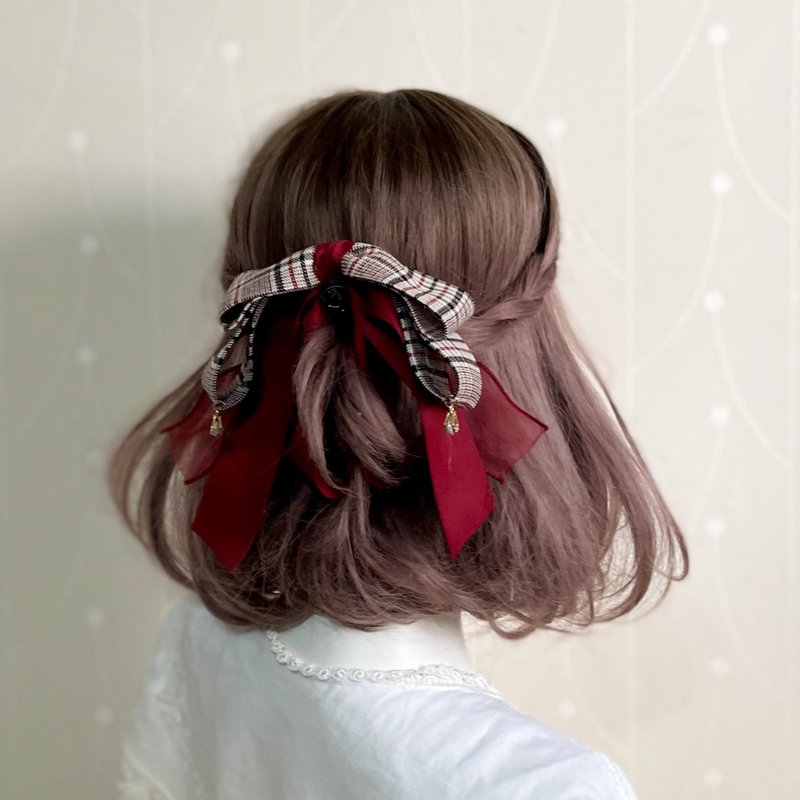 Crimson plaid pendant banana clip spring clip hair fork hair ring scrunchie side clip ponytail clip hair clip - Hair Accessories - Other Materials Red
