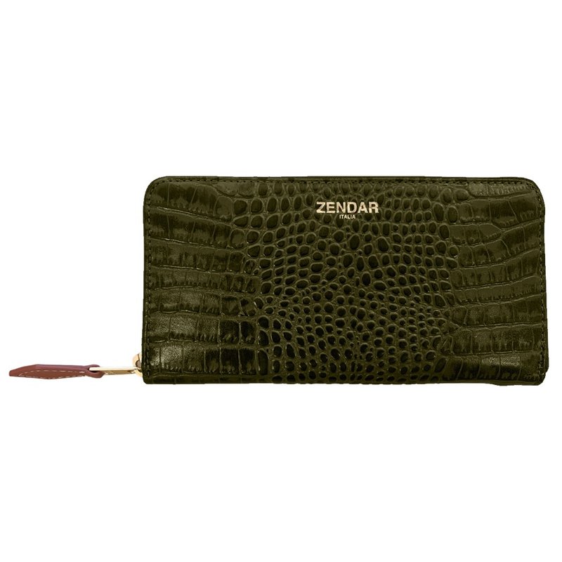 ZENDAR Limited Edition 10% Off Premium Calfskin Crocodile Embossed Zip-Around Long Wallet - New Boutique Display Item - กระเป๋าสตางค์ - หนังแท้ สีเขียว