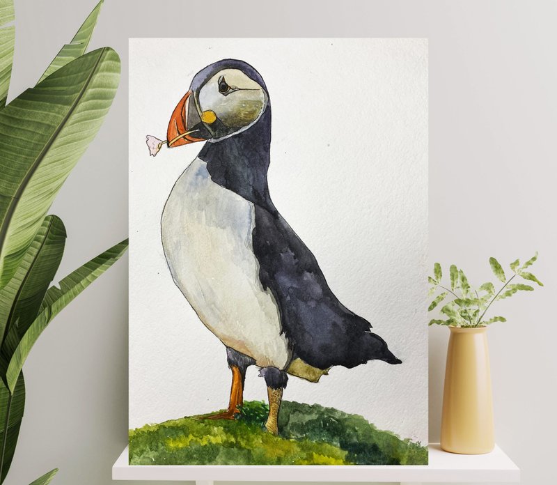 Puffin original painting animal art bird watercolor painting wall art gift - Posters - Paper Black