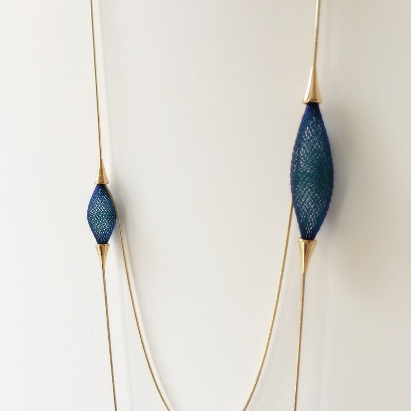 French handmade nylon asymmetric long necklace _ 靛青 - Necklaces - Polyester Blue