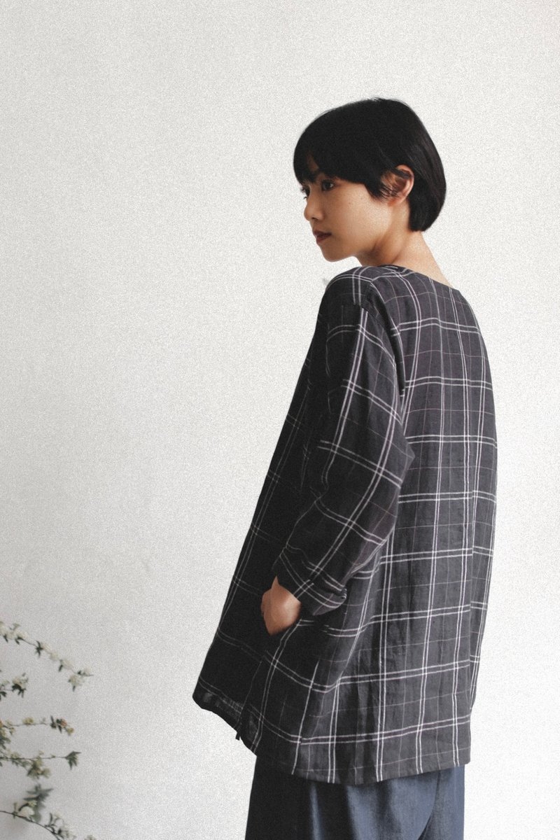 OMAKE.jp Single-button top Gender-freeTop linen Brown check - เสื้อยืดผู้ชาย - ผ้าฝ้าย/ผ้าลินิน สีนำ้ตาล
