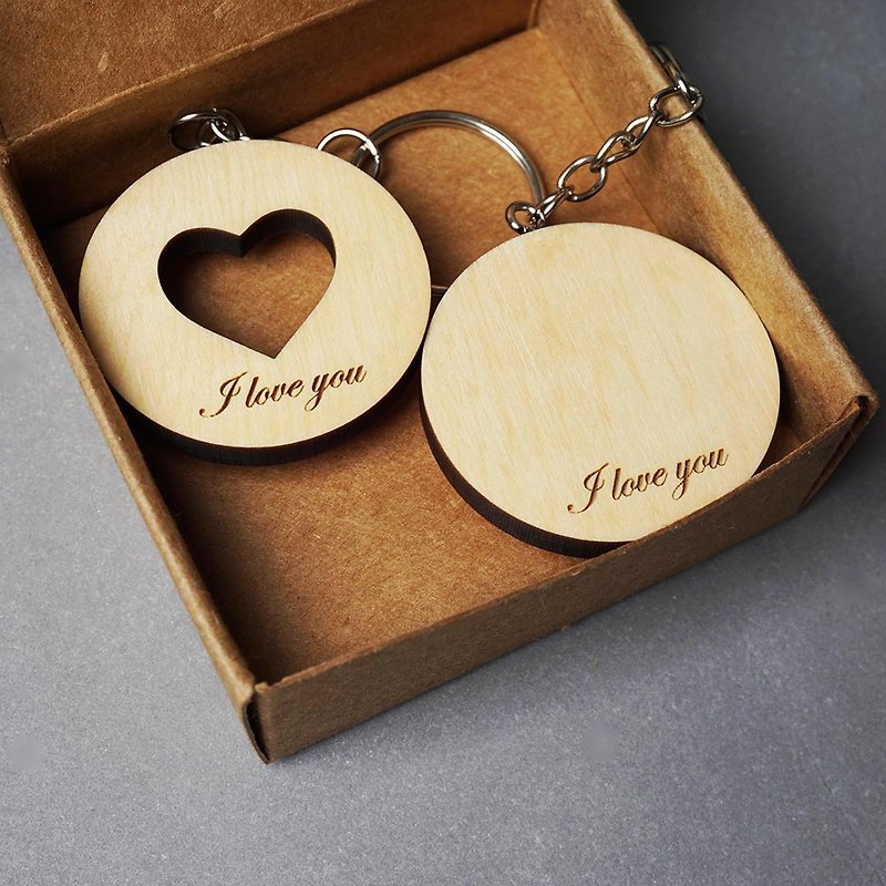 心心相印 鑰匙圈 愛心 刻字 免費包裝 Wooden Key Ring for Love - 鑰匙圈/鑰匙包 - 木頭 黃色