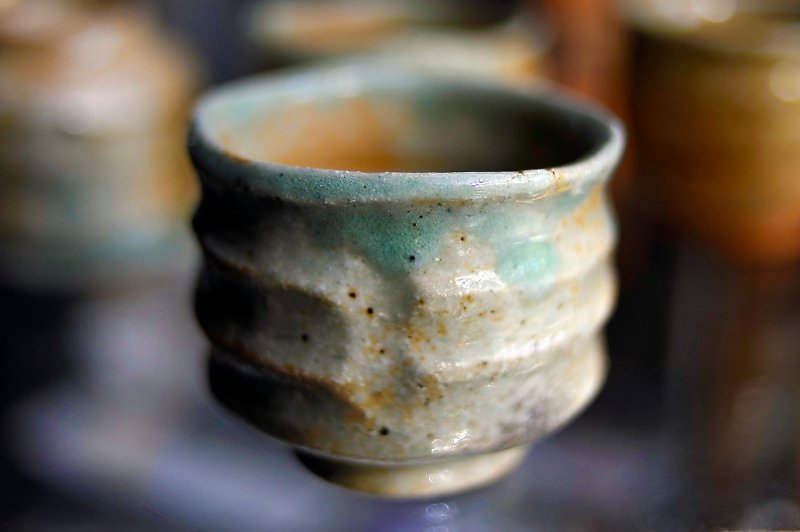 2 pieces set ・Sake cup with Teal and white sand beach ・Japanese tea cup ・Cylindrical ・Kiln deterioration level 3 - Cups - Pottery Blue