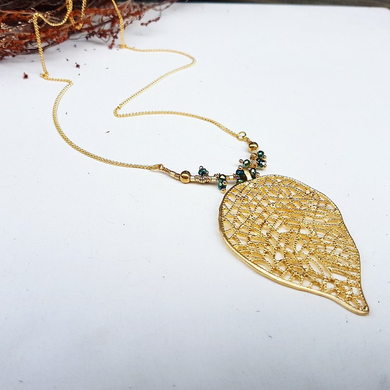 Copper hand made _ big openwork leaf color green crystal _ two colors _ long necklace _ medium long necklace _ short necklace - Long Necklaces - Copper & Brass Green