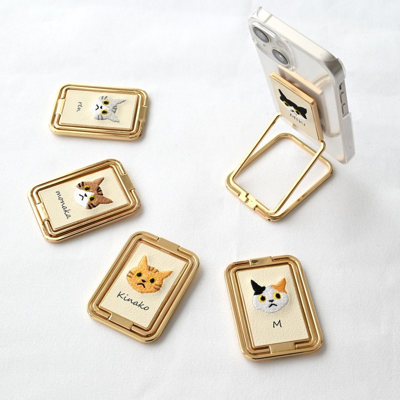 スマホ 多機能リング 【 刺繍 猫 名入れ 】 スマホリング スマホスタンド 縦動画 横動画 名入れ無料 A247I - 手機/平板支架 - 人造皮革 咖啡色