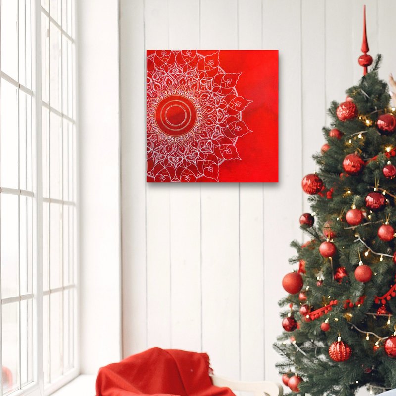 Spiritual wall art Red mandala White zen art Meditation yoga decor Flower art - 壁貼/牆壁裝飾 - 壓克力 紅色