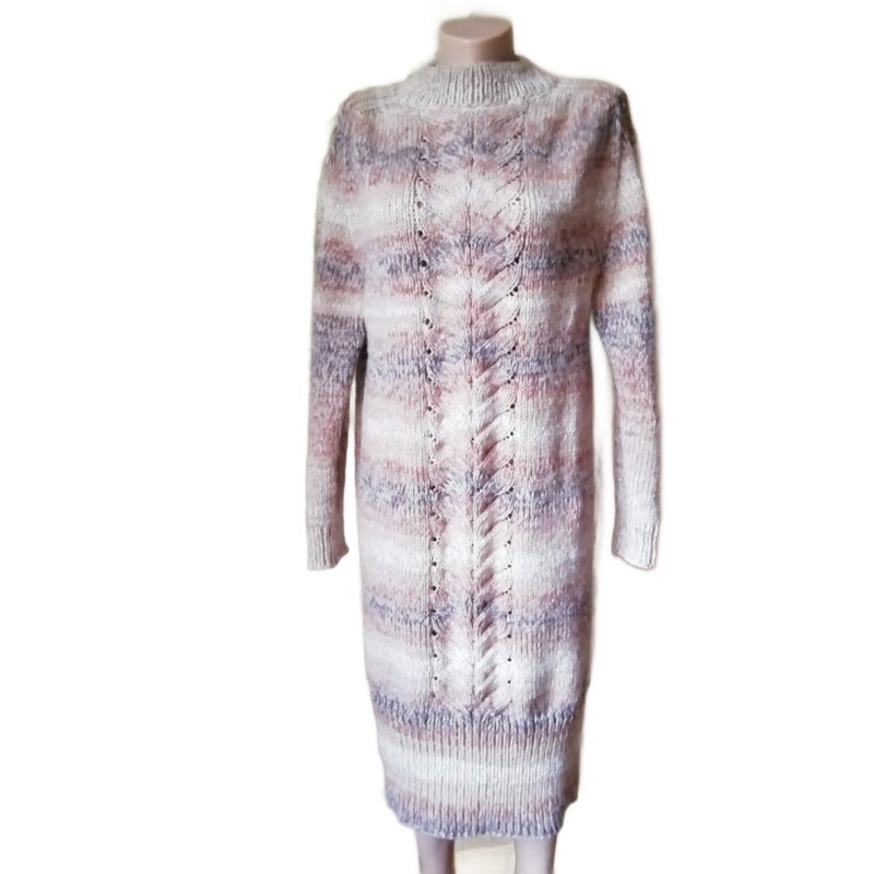 條紋連衣裙毛衣手工針織多色 Beije 長款束腰外衣超大號 - 連身裙 - 其他材質 咖啡色