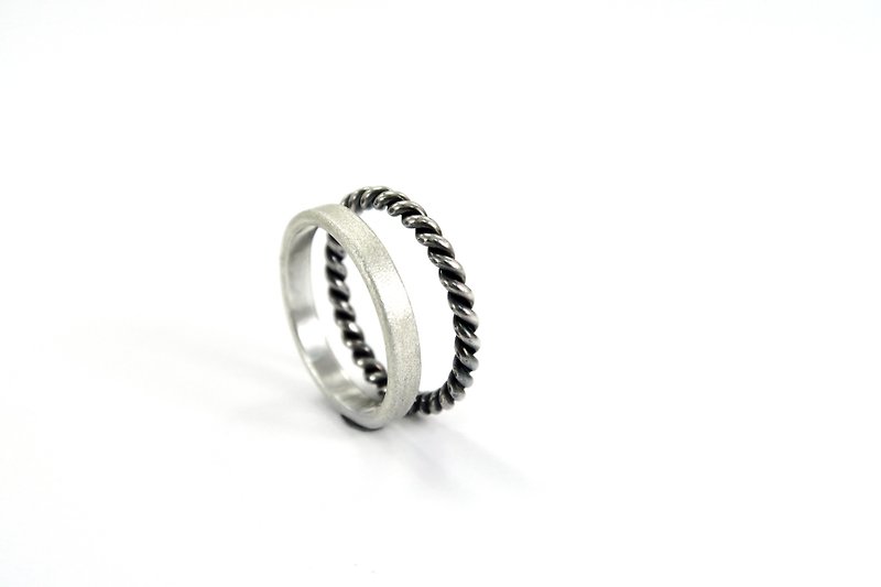 3mm matte texture ring- Silver+thick line ring-two-piece set sterling silver ring - General Rings - Silver Silver