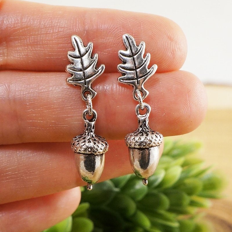 Silver Acorn Oak Leaf Forest Woodland Stud and Dangle Earrings Earrings Jewelry - 耳環/耳夾/耳骨夾 - 其他金屬 銀色