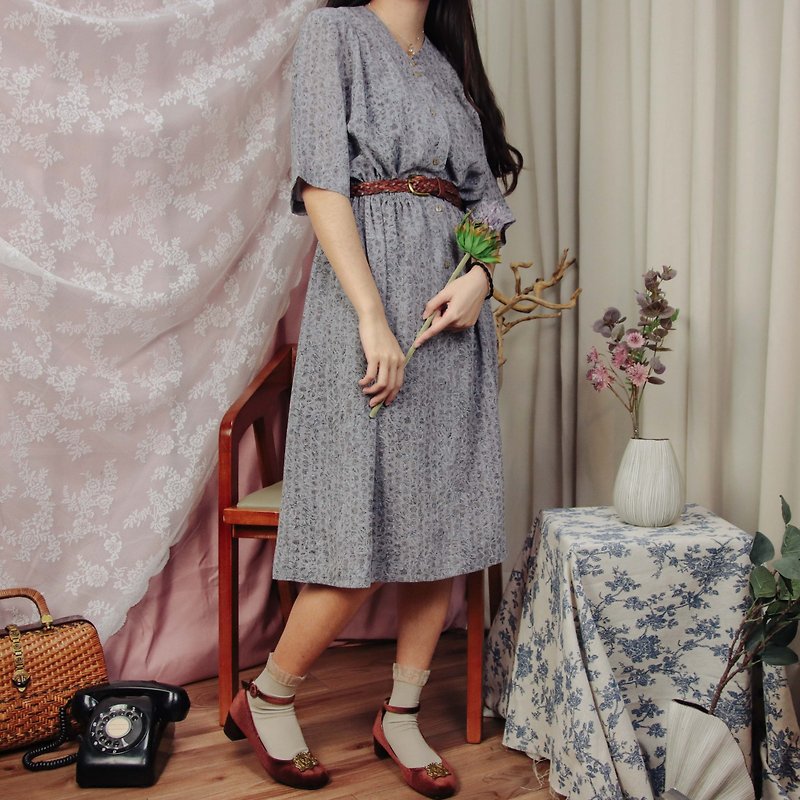 古著洋裝013 灰紫色 變形蟲 裙 連身裙 短袖【Tsubasa.Y古著屋】 - 連身裙 - 棉．麻 紫色