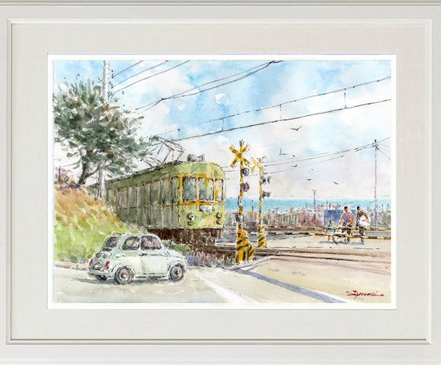 水彩画原画　江ノ電・鎌倉プリンスホ 水彩画原画江ノ電・七里ガ浜踏切・鎌倉プリンスホテル前syoumei