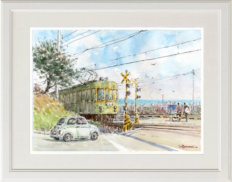 Original watercolor painting: Enoshima Electric Railway, Shichirigahama Crossing, in front of Kamakura Prince Hotel - โปสเตอร์ - กระดาษ สีเขียว