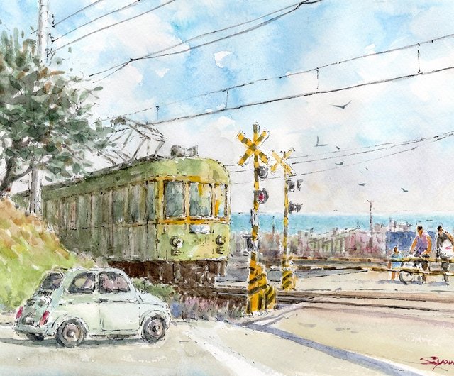 水彩画原画　江ノ電・鎌倉プリンスホ 水彩画原画 江ノ電・鎌倉プリンスホテル前踏切 10 ＃653 | iichi