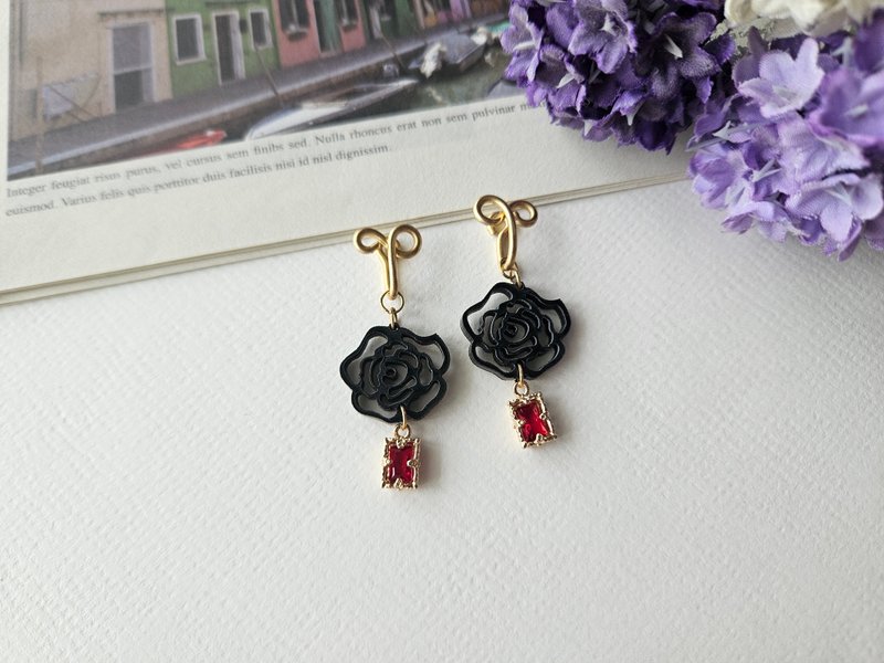 [Love of Roses] Black Rose ~ Painless Clip-On, clip-on earrings, ear hooks - Earrings & Clip-ons - Other Materials Black