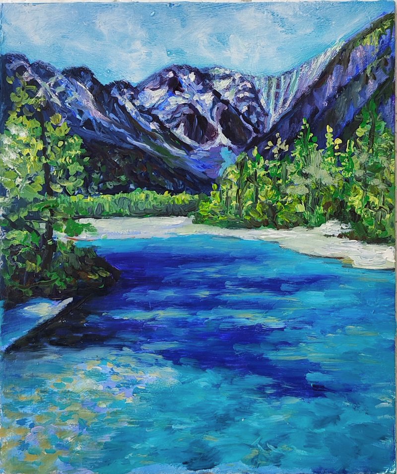 Mountain Valley in Canada Artwork Lake Oil Painting fine art by SElenaV - Wall Décor - Other Materials Purple