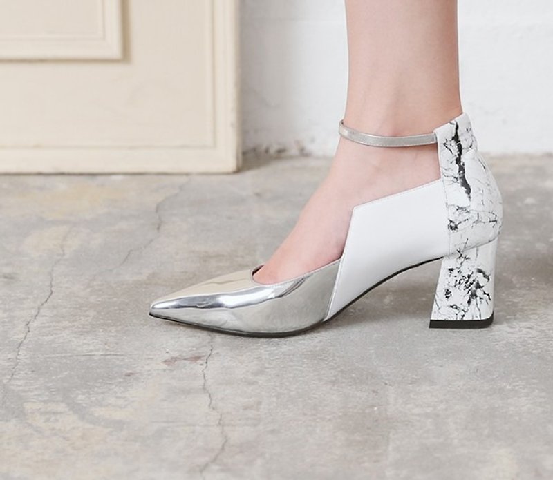 Side square thick with thin strap pointed shoes silver white - High Heels - Genuine Leather White