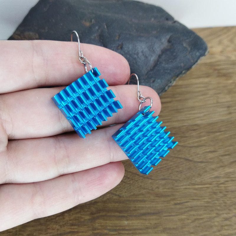 Neon blue sci fi earrings. Cyberpunk earrings square. Geek earrings recycled. - Earrings & Clip-ons - Other Metals Blue
