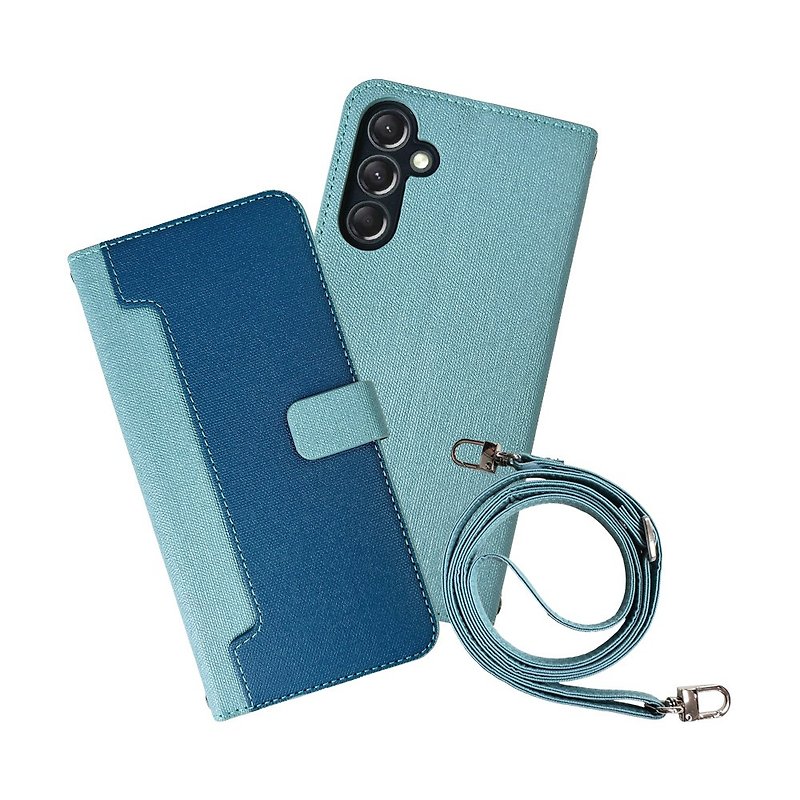 CASE SHOP Samsung A25 前收納皮套背帶組-藍 - 手機殼/手機套 - 人造皮革 藍色