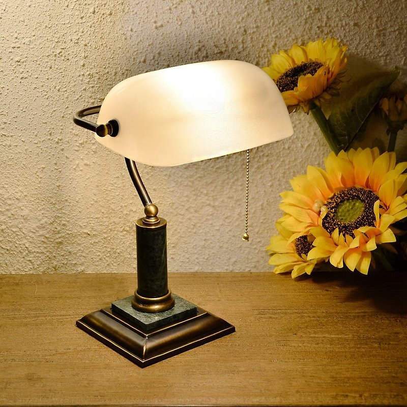 [Free] LED light bulb | Classic all- Bronze marble base white bank table lamp - โคมไฟ - ทองแดงทองเหลือง ขาว