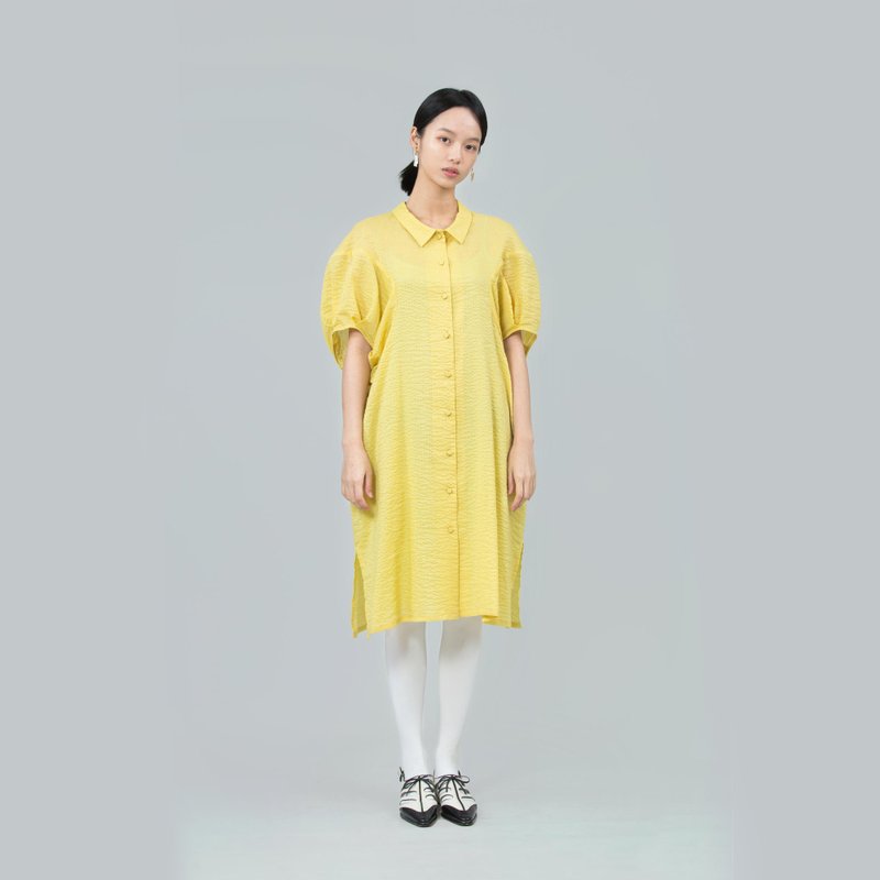 tan tan / 黃色造型袖洋裝 - 洋裝/連身裙 - 棉．麻 黃色