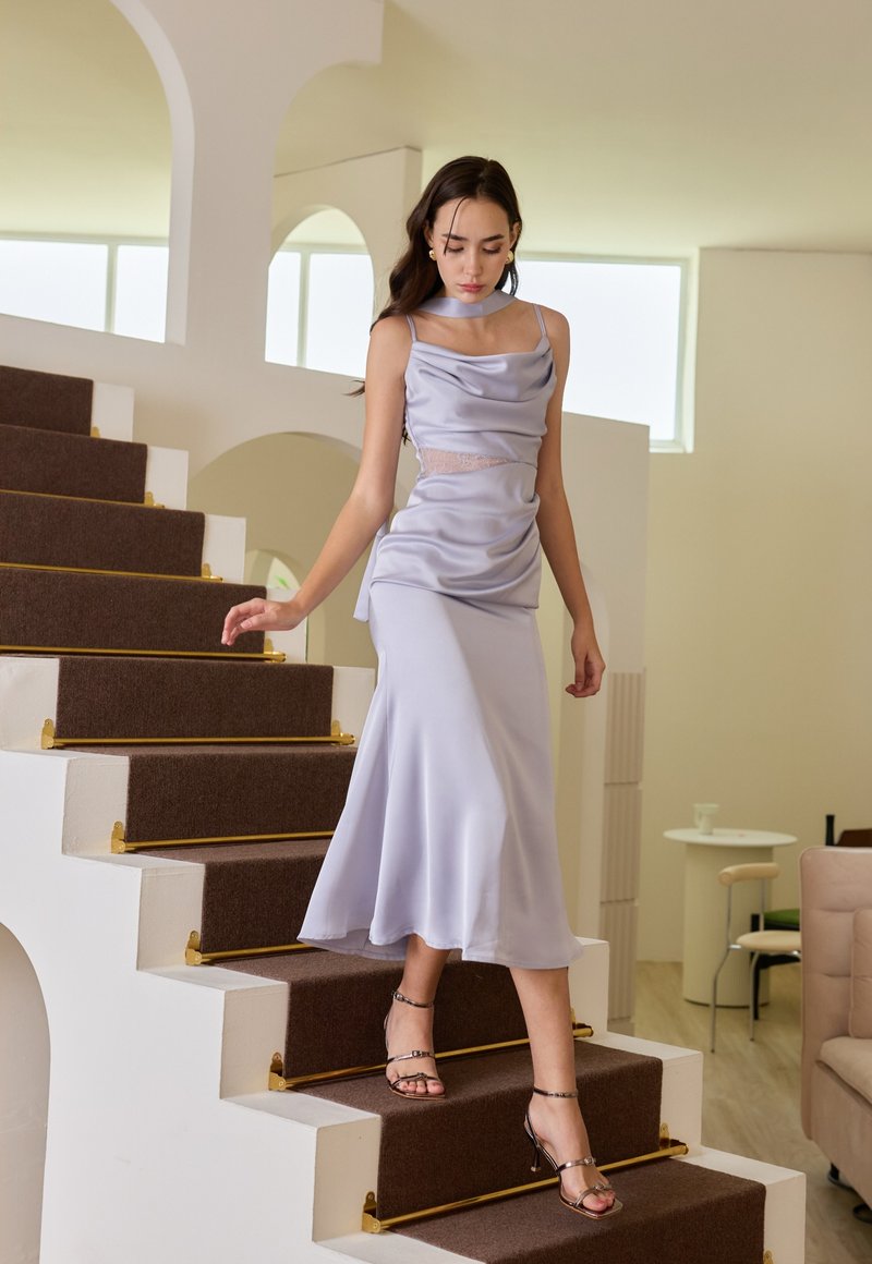 satin long dress with lace waist and scarf - 洋裝/連身裙 - 其他材質 