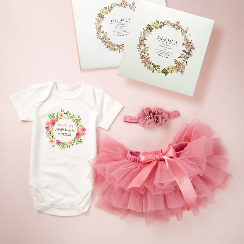 寶寶誕生花環 小公主色 客製短袖包屁衣 紗裙組禮盒 周歲 滿月 - 滿月禮物 - 棉．麻 粉紅色