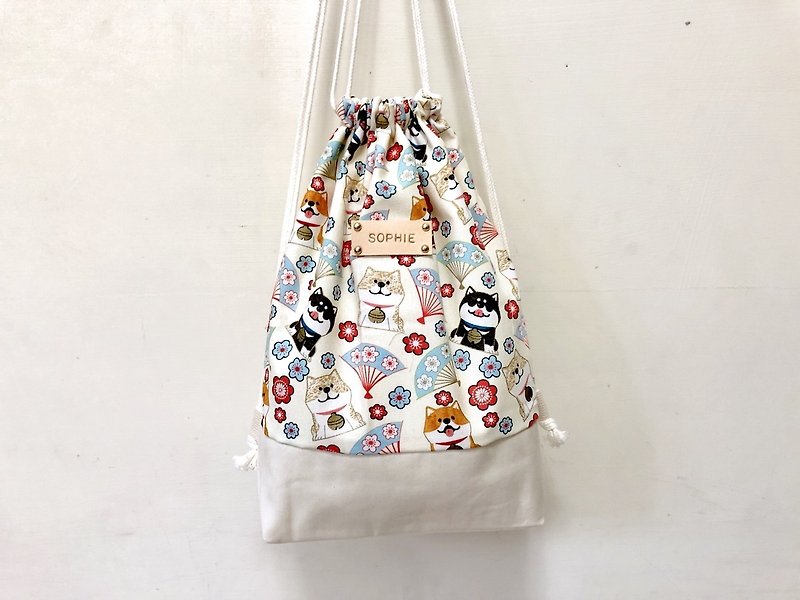 Hefeng Chai Chai (beam mouth back bag) / free printed name leather label - Drawstring Bags - Cotton & Hemp White