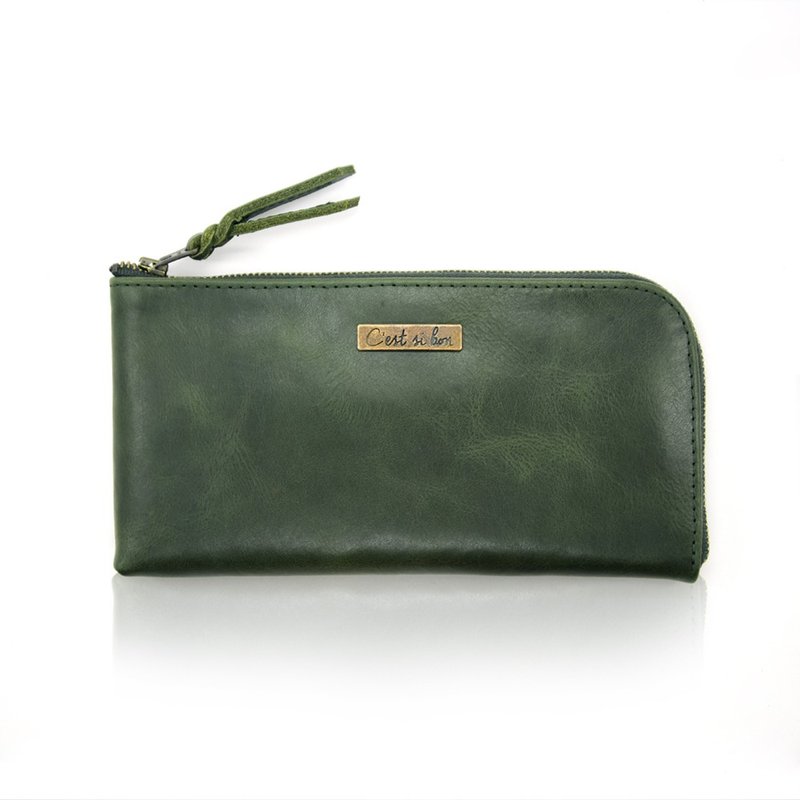 [Craftman Leather] Leather L-shaped Zipper Long Clip Cowhide Clutch Bag Gift - Wipe Green - Wallets - Genuine Leather Green