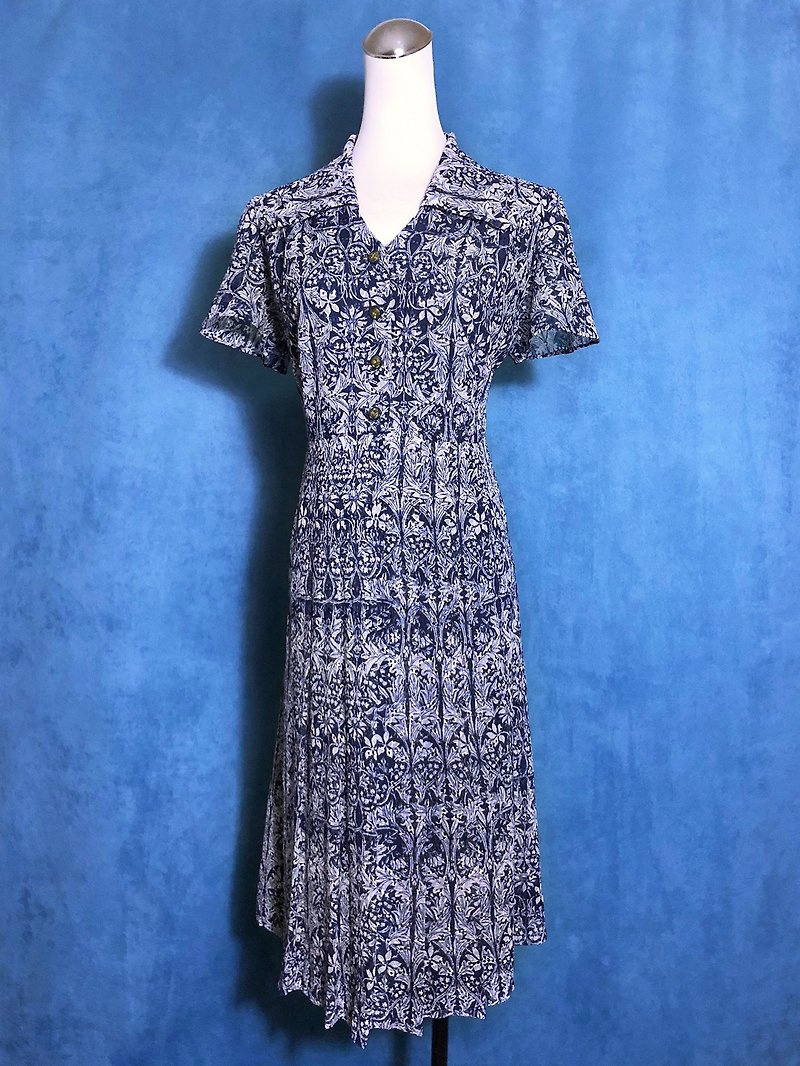 花卉刺繡輕古董洋裝/ 國外帶回 VINTAGE - 連身裙 - 聚酯纖維 藍色