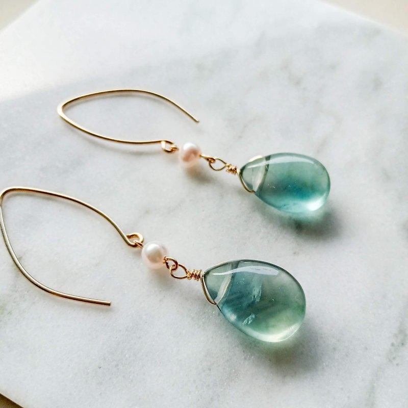 Gem Stone /14KGF   Long hook earrings with fluorite and pearls - Earrings & Clip-ons - Semi-Precious Stones Green