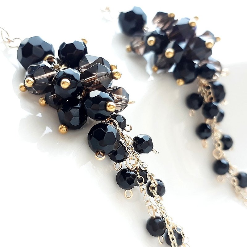 14kgf Tea Crystal X Black Agate Gorgeous Pendant Earrings (can be clipped) - Earrings & Clip-ons - Semi-Precious Stones 