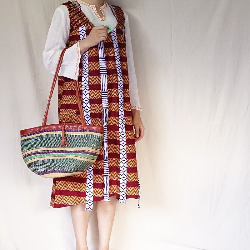 BajuTua / Elegant / Green Striped Shoulder Leather Kenya Bag - Large - Messenger Bags & Sling Bags - Cotton & Hemp Green