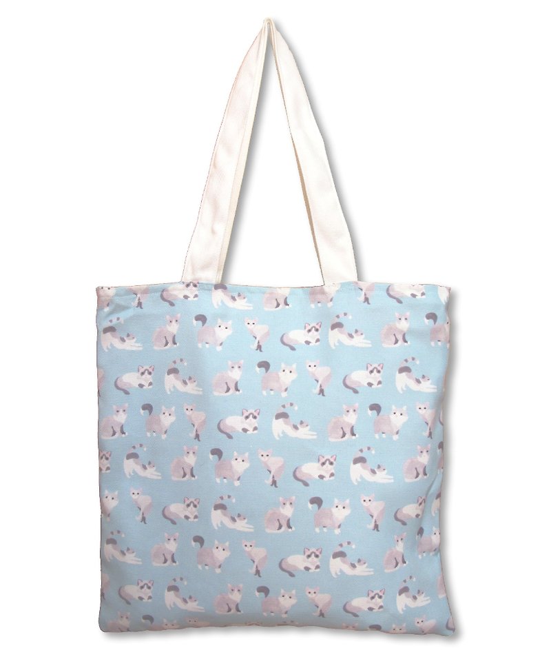 Cat hand-painted canvas bag handbag tote bag small bag lunch bags - กระเป๋าถือ - ผ้าฝ้าย/ผ้าลินิน สีน้ำเงิน