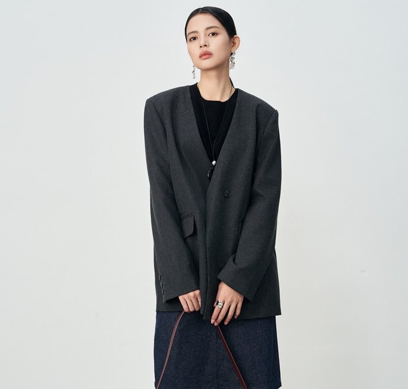 【一粒扣】法式簡約/寬鬆半開領西裝外套 - 女西裝外套 - 其他材質 多色