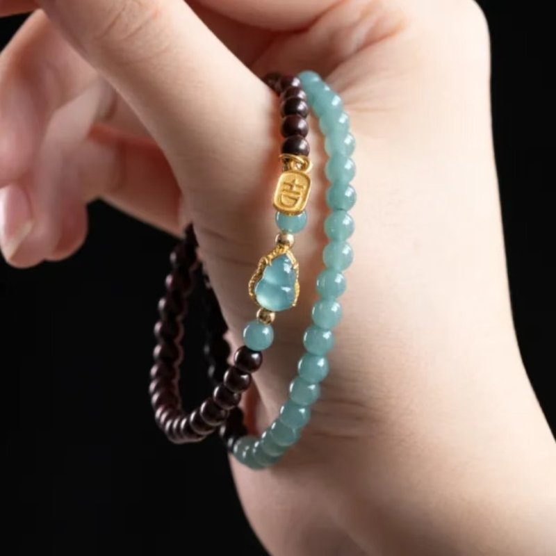 藍水翡翠葫蘆小葉紫檀雙圈手鏈 - 手鍊/手環 - 玉石 咖啡色