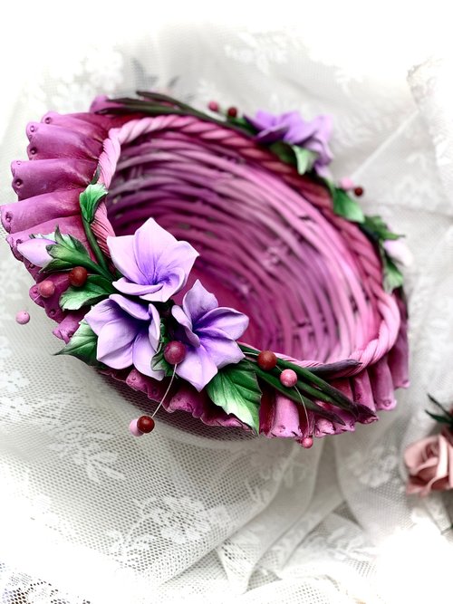 花　ハンドメイド　陶芸　工芸　粘土 ☆送料無料☆【パンフラワー/粘土の花】瑠璃楽水盤の藍色陶器とてっ