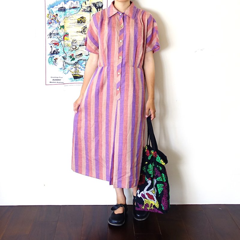 BajuTua/古著/粉紫色條紋 混麻落肩洋裝 - 連身裙 - 棉．麻 紫色