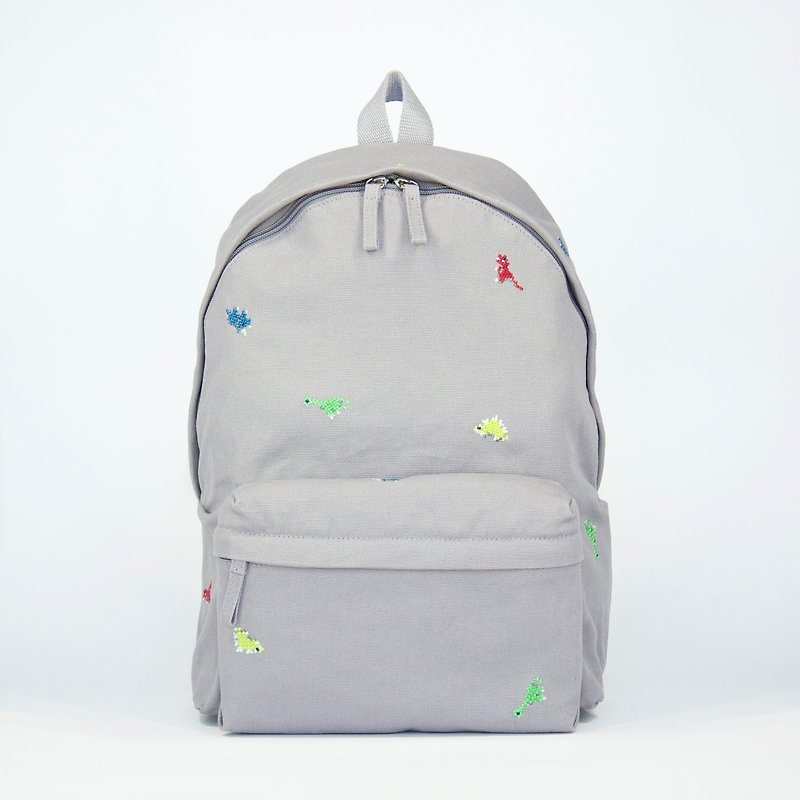 Dinosaur Embroidery Canvas Backpack ( 13.5 / 15.5 Notebook ) / Grey - กระเป๋าเป้สะพายหลัง - ผ้าฝ้าย/ผ้าลินิน สีเทา