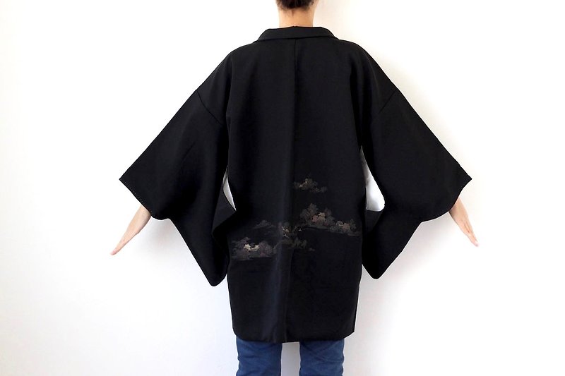 black LANDSCAPE kimono jacket, Japanese haori, vintage kimono /2711 - Women's Casual & Functional Jackets - Polyester Black