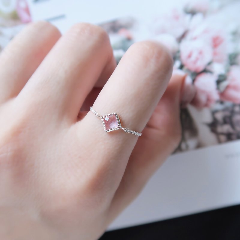 925 sterling silver square rose quartz chain ring ring adjustable free gift packaging - แหวนทั่วไป - เงินแท้ สึชมพู