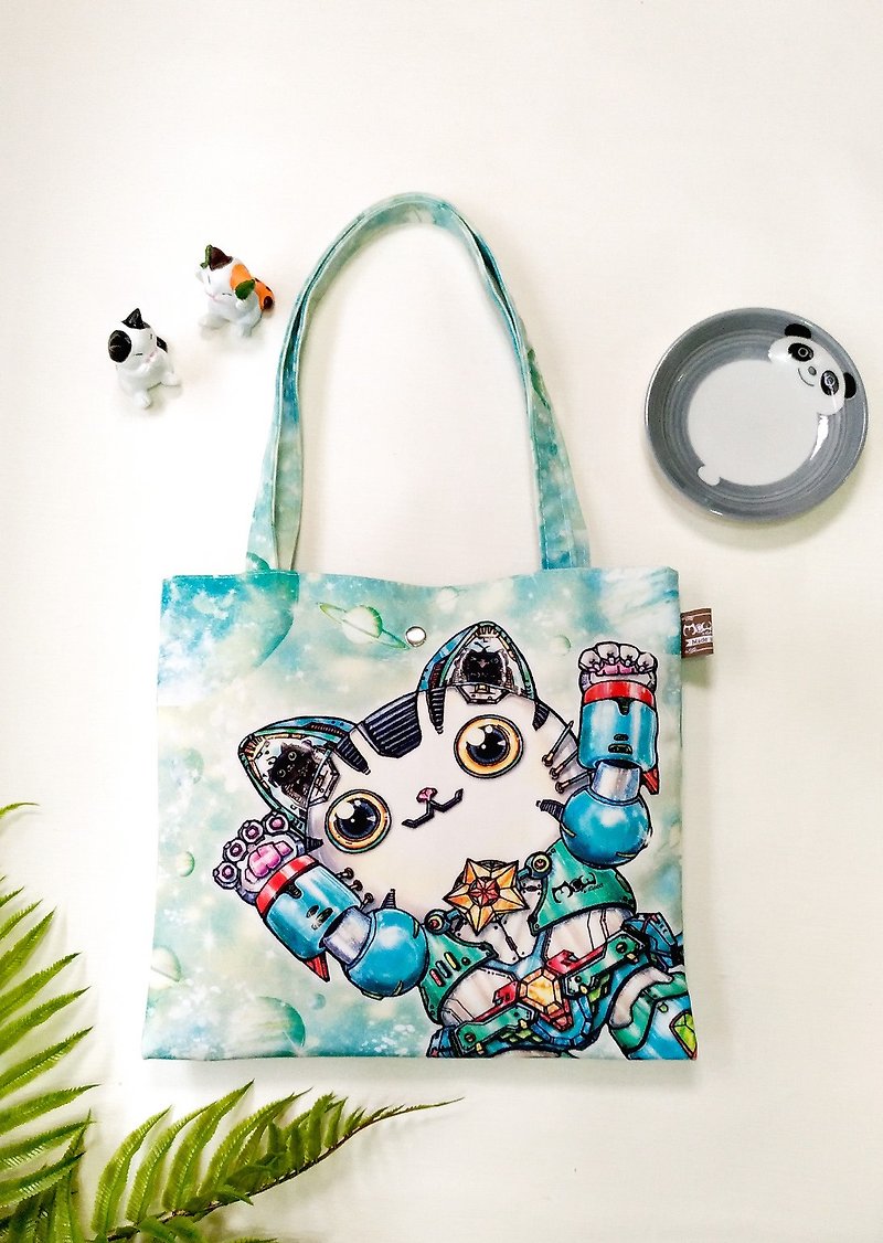 Lightweight pouch | Shopping bag | Flat bag- Robotic Cat - Messenger Bags & Sling Bags - Cotton & Hemp Green