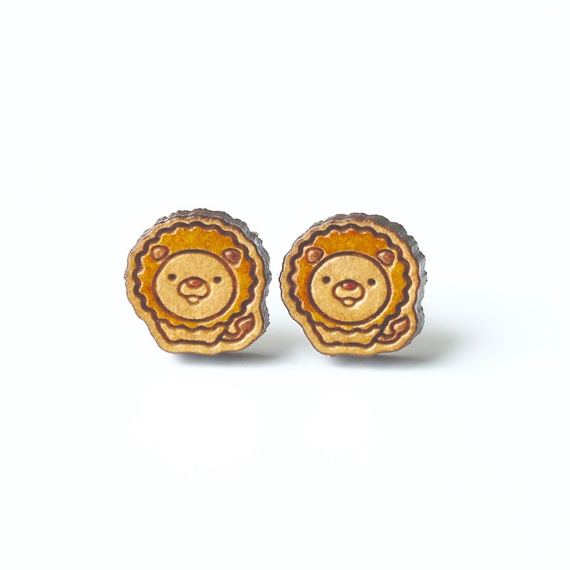 Painted wood earrings-Lion - ต่างหู - ไม้ สีนำ้ตาล