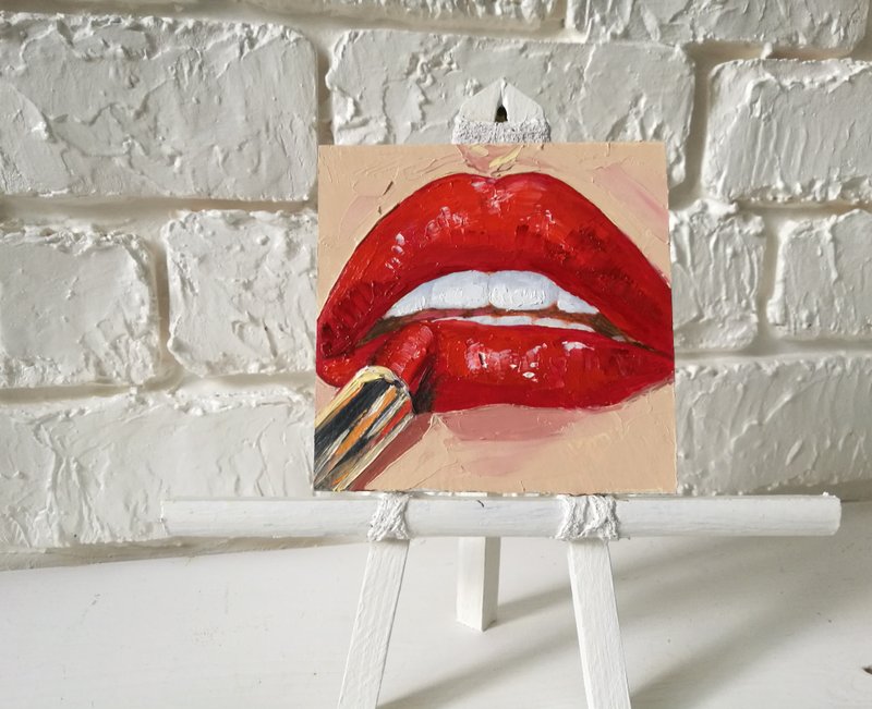 Contemporary art  Fashion painting  Mini painting Red Lips Drawing - 海報/掛畫/掛布 - 其他材質 