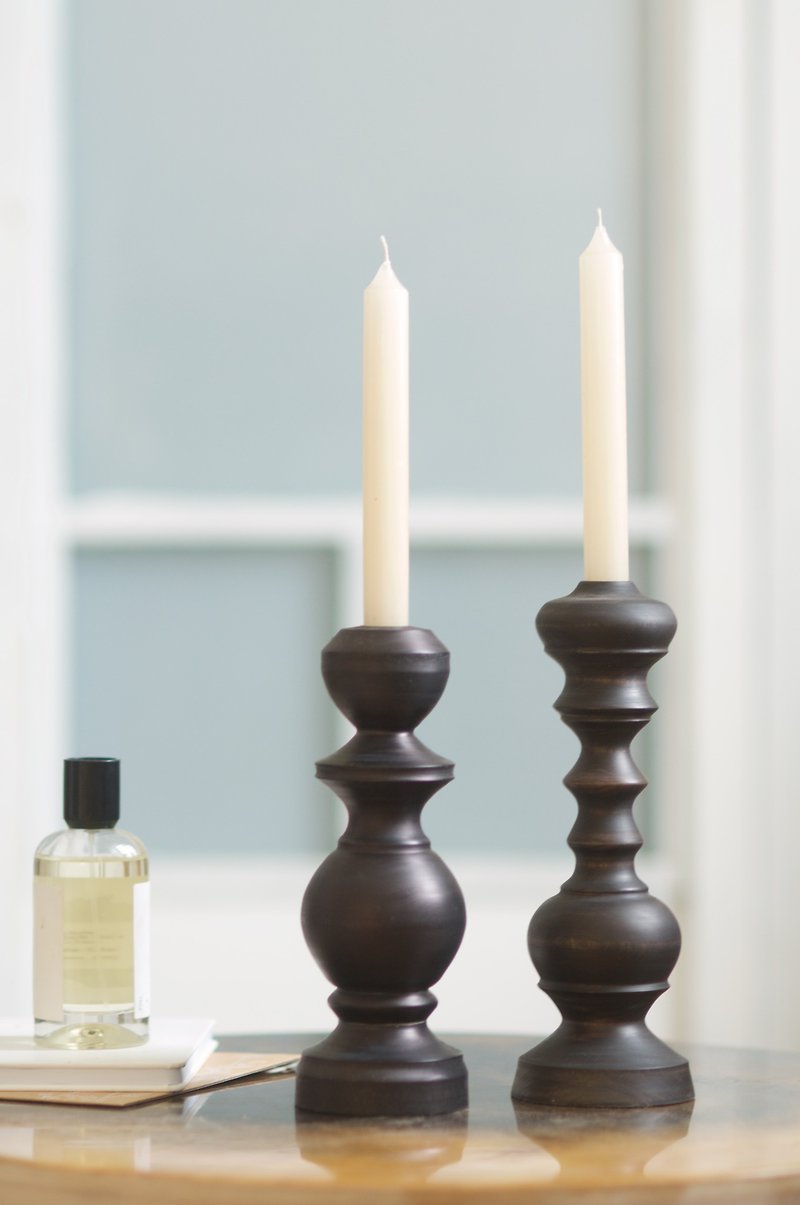 木頭 香氛蠟燭/燭台 黑色 - Set Of 2 Handturned Wood Candleholders Wooden Candlesticks