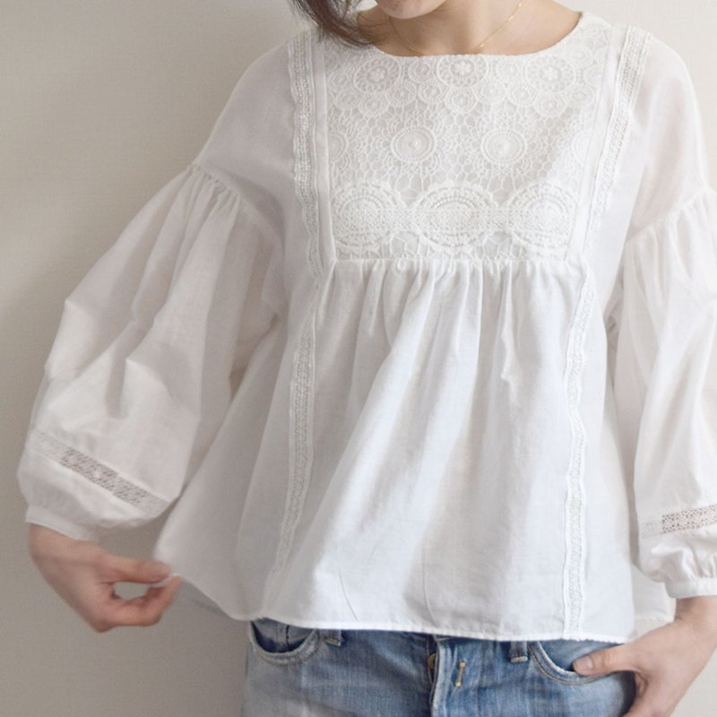 棉．麻 女襯衫 白色 - Cotton voile Sabon lace blouse Made-to-order