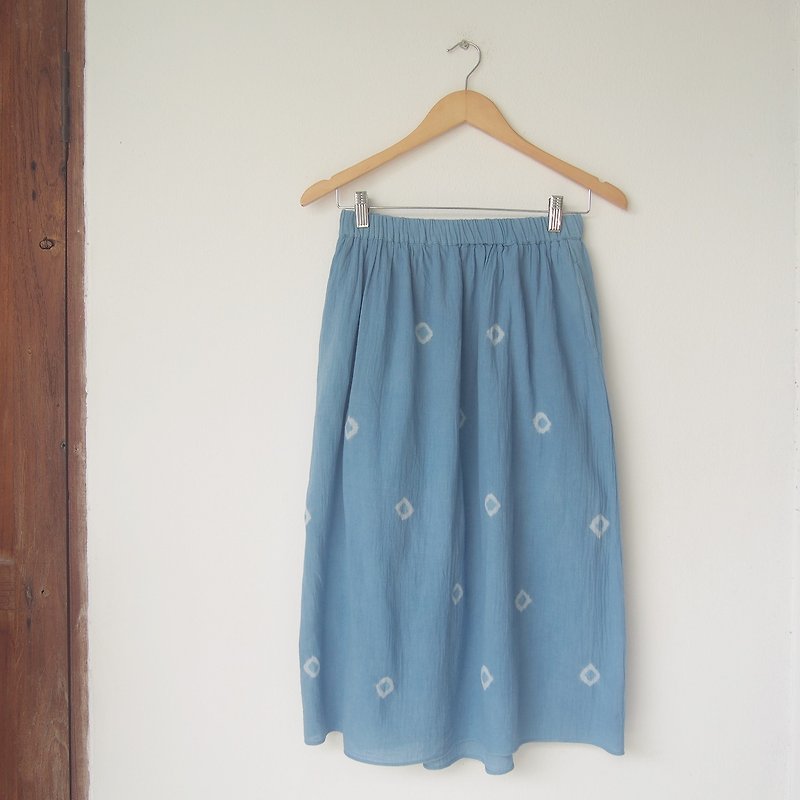 Indigo dot cotton skirt / with lining and pockets - กระโปรง - ผ้าฝ้าย/ผ้าลินิน สีน้ำเงิน